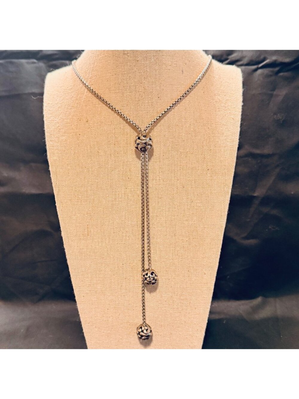 Sterling Silver 925 Scroll Bead Lariat Necklace Toggle Clasp Size 27" Length